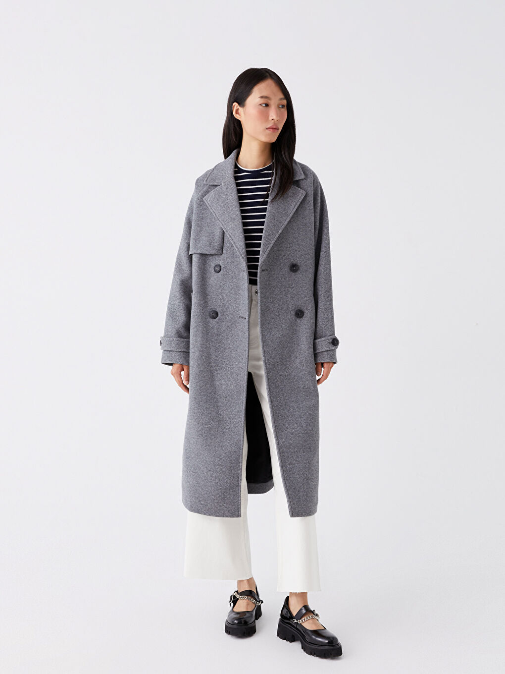 Gri Kadın Kruvaze Yaka Düz Kaşe Kaban