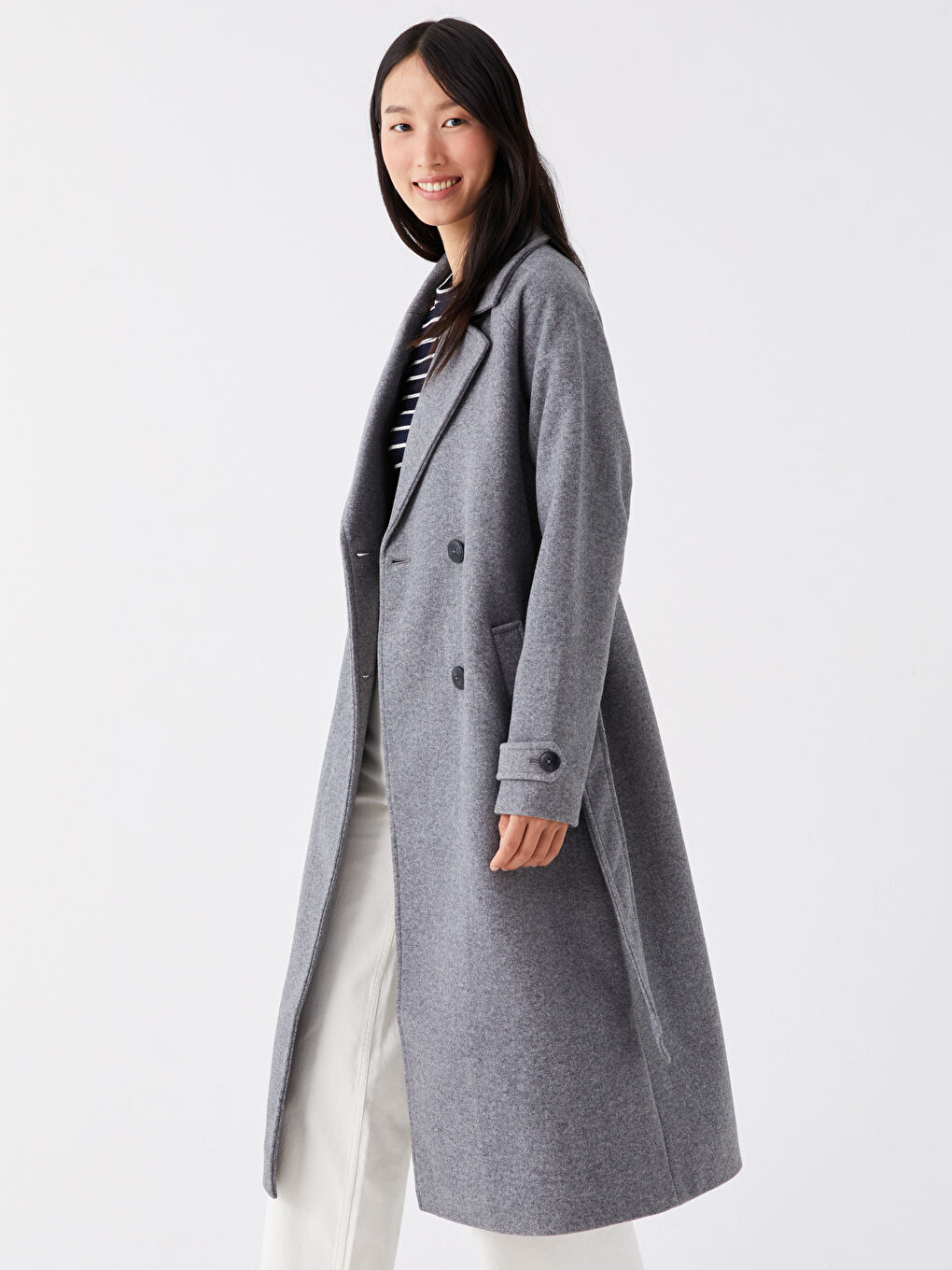 Gri Kadın Kruvaze Yaka Düz Kaşe Kaban-1