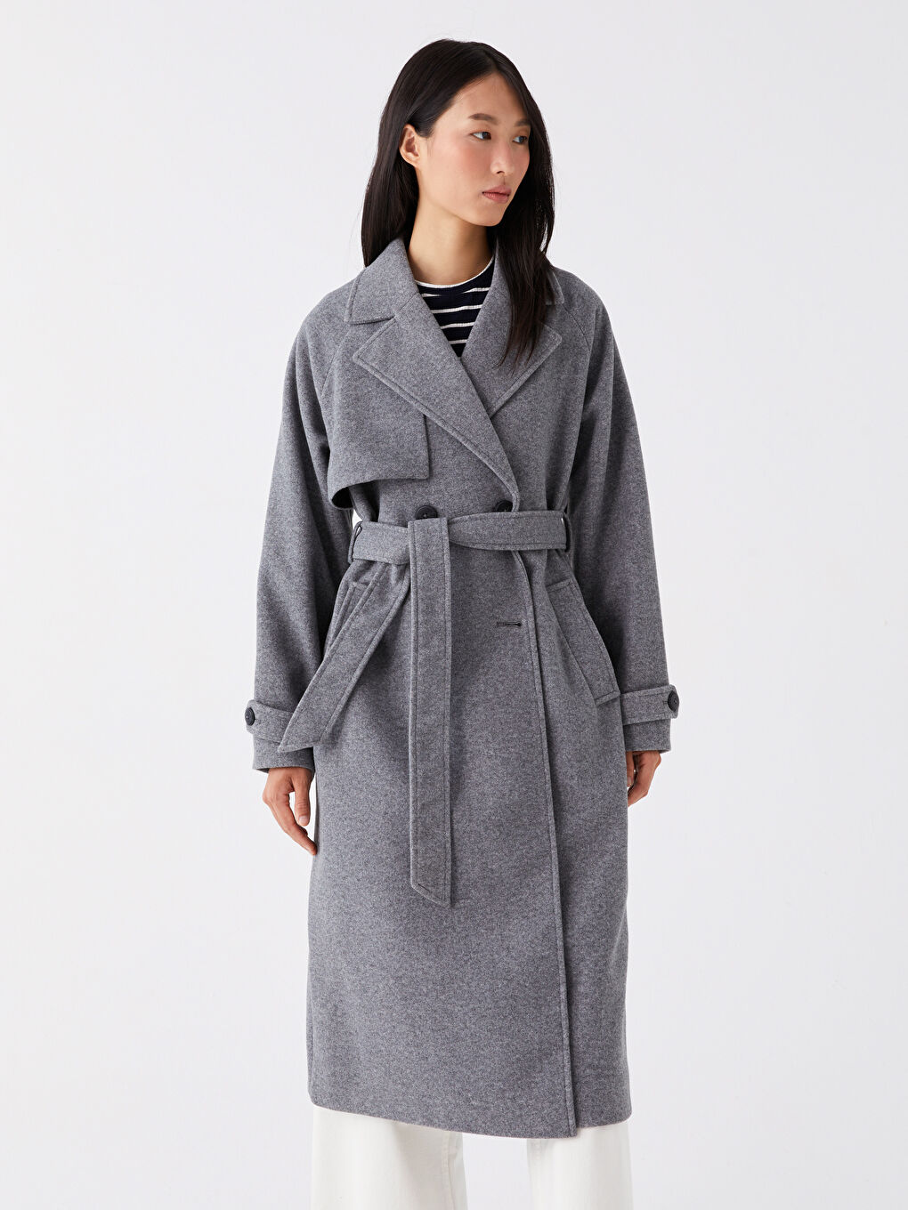 Gri Kadın Kruvaze Yaka Düz Kaşe Kaban-2