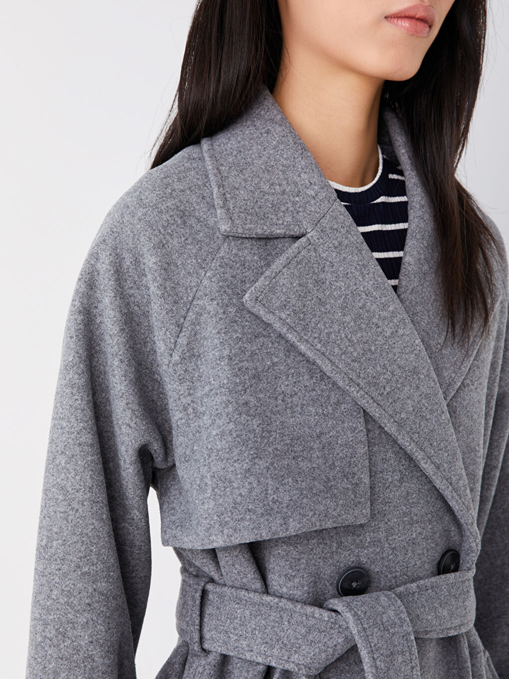 Gri Kadın Kruvaze Yaka Düz Kaşe Kaban-3