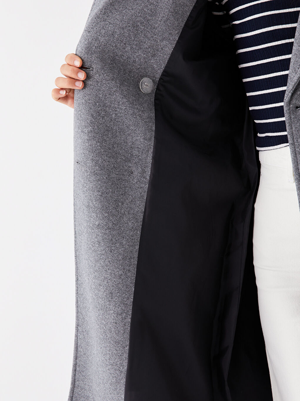 Gri Kadın Kruvaze Yaka Düz Kaşe Kaban-4