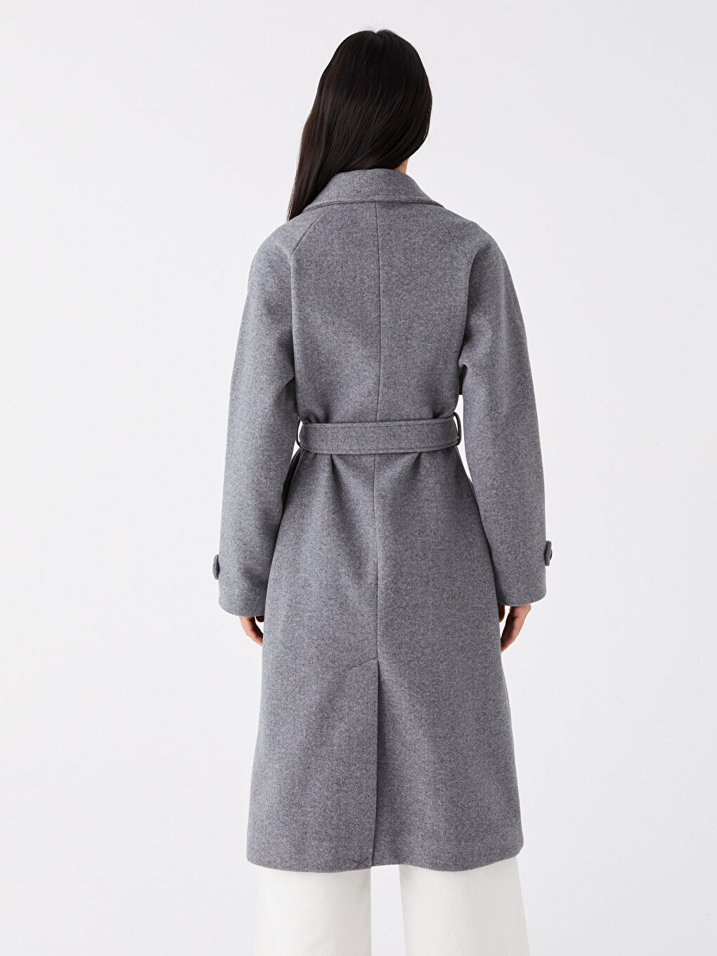 Gri Kadın Kruvaze Yaka Düz Kaşe Kaban-5