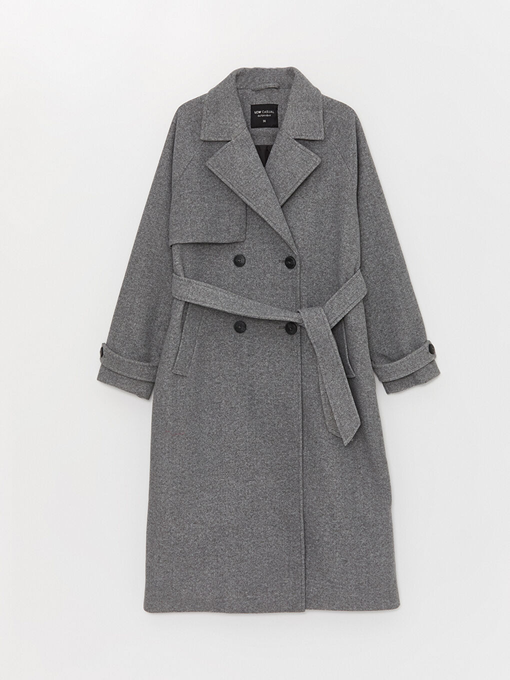 Gri Kadın Kruvaze Yaka Düz Kaşe Kaban-6