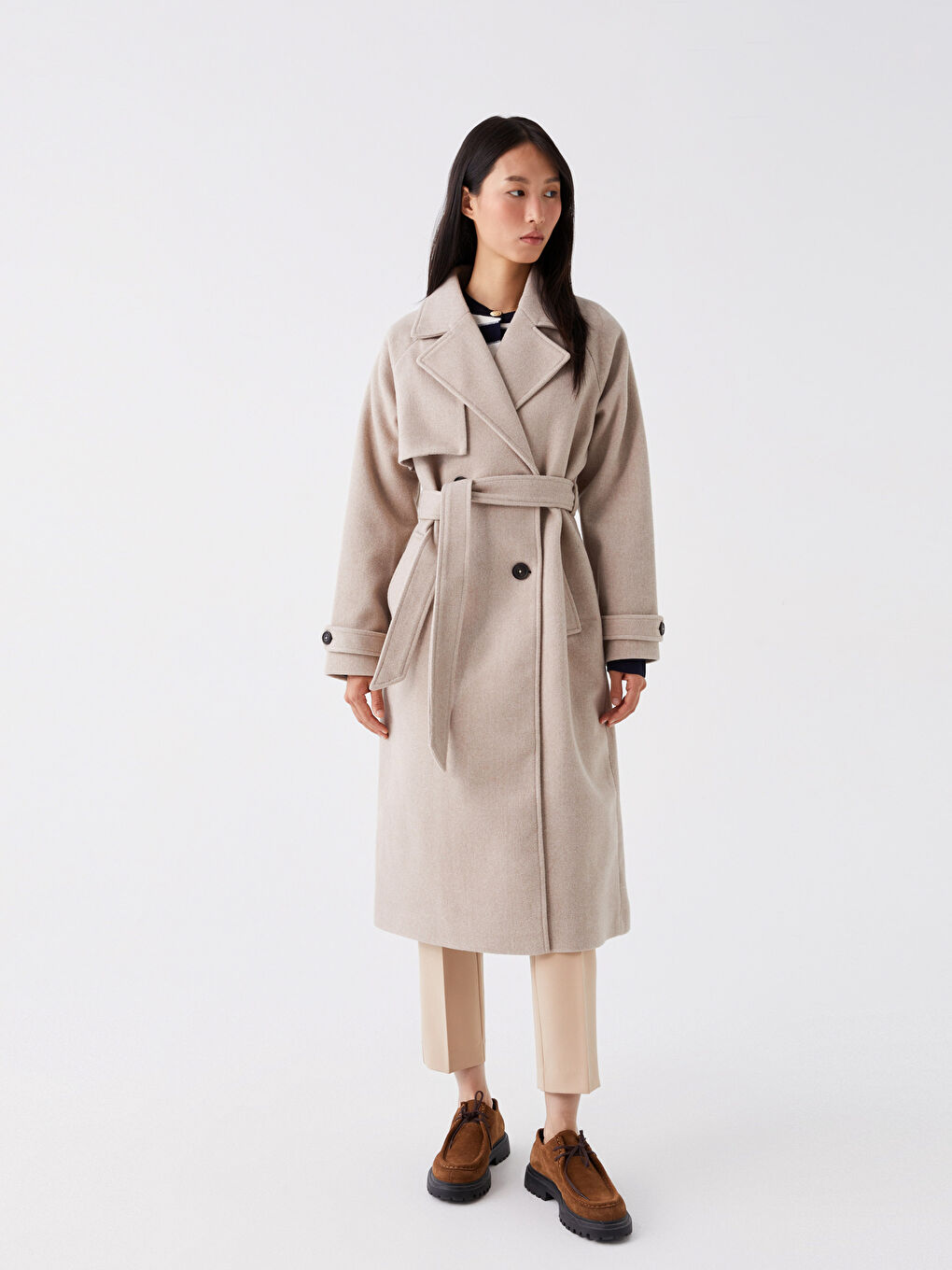 Bej Kadın Kruvaze Yaka Düz Kaşe Kaban