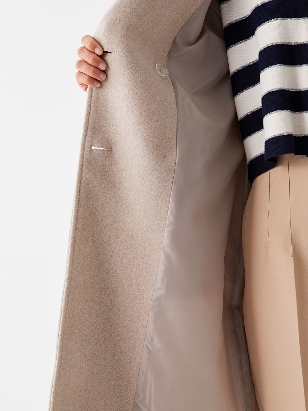 Bej Kadın Kruvaze Yaka Düz Kaşe Kaban-4