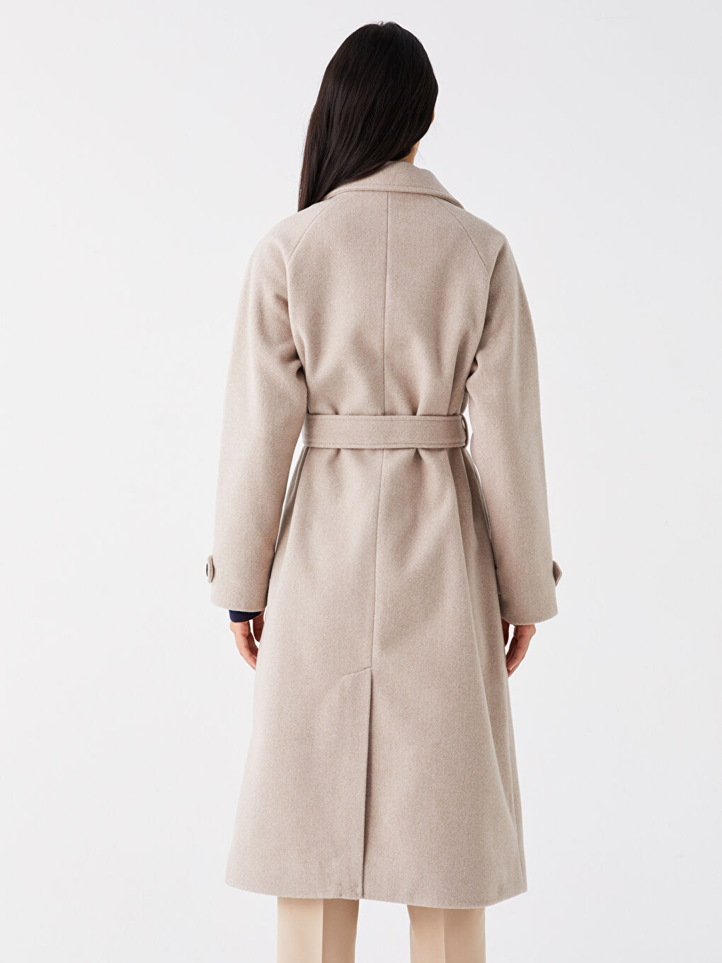 Bej Kadın Kruvaze Yaka Düz Kaşe Kaban-5