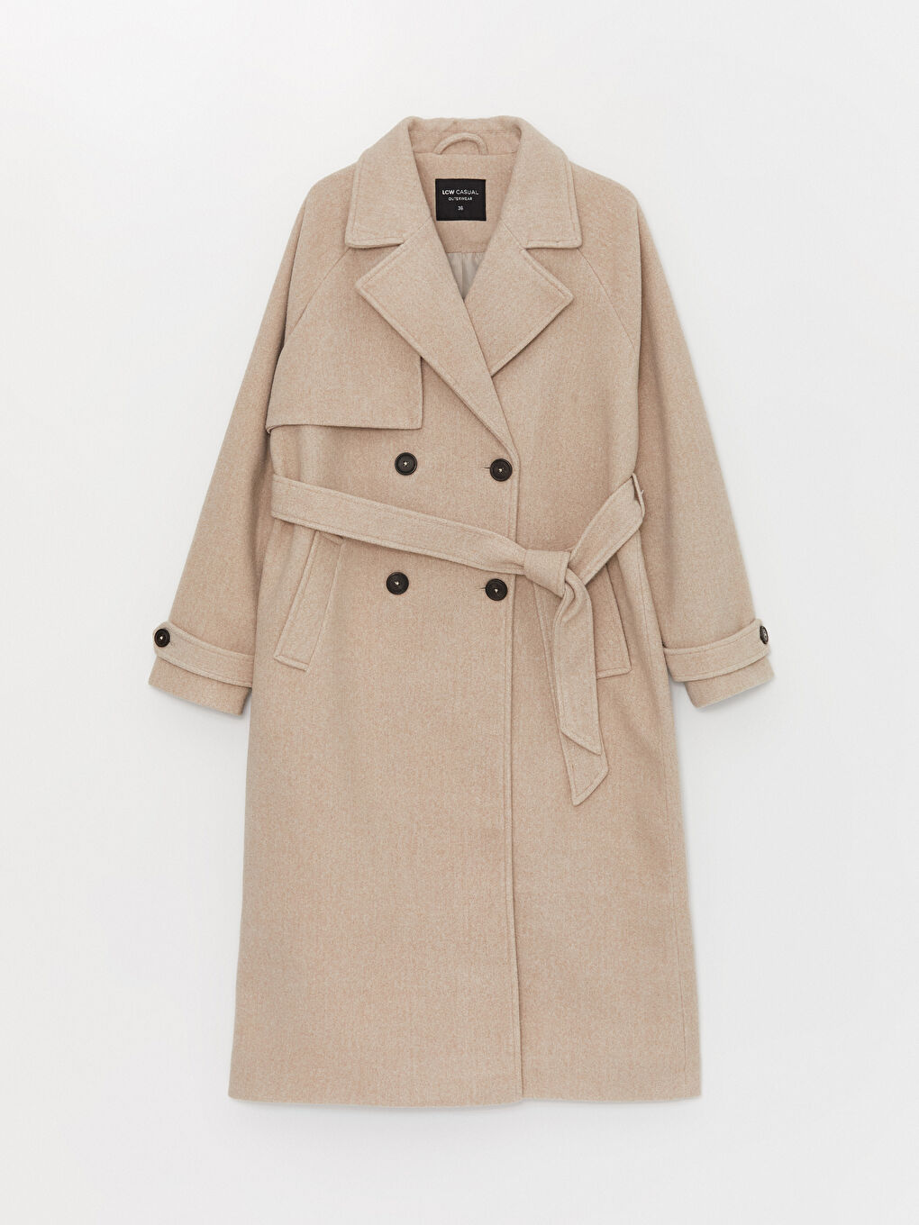 Bej Kadın Kruvaze Yaka Düz Kaşe Kaban-6