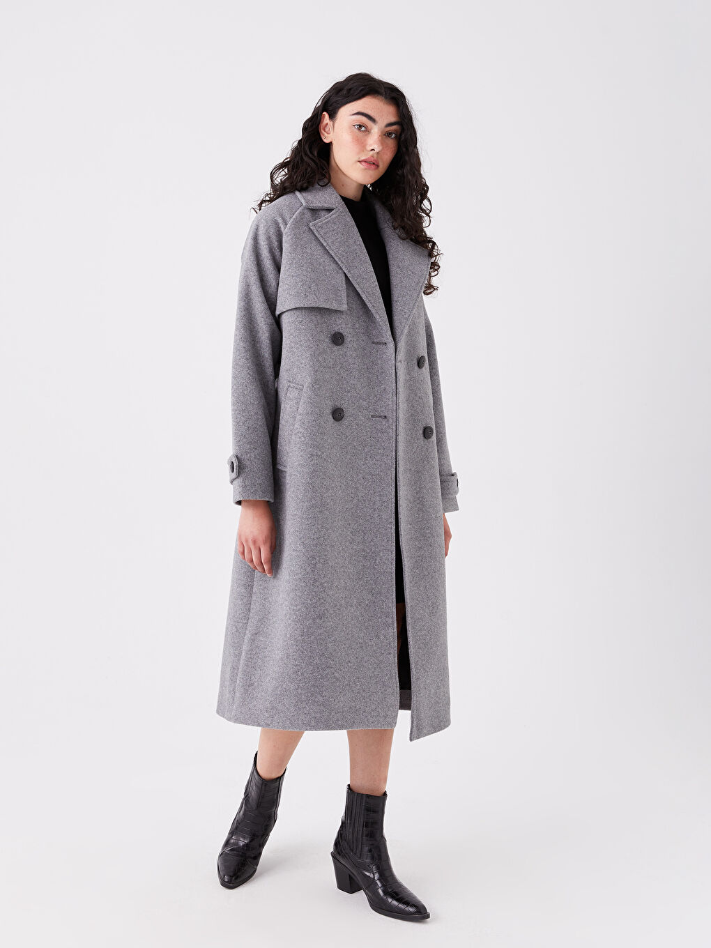 Women's Double Breasted Collar Plain Stitching Coat-1