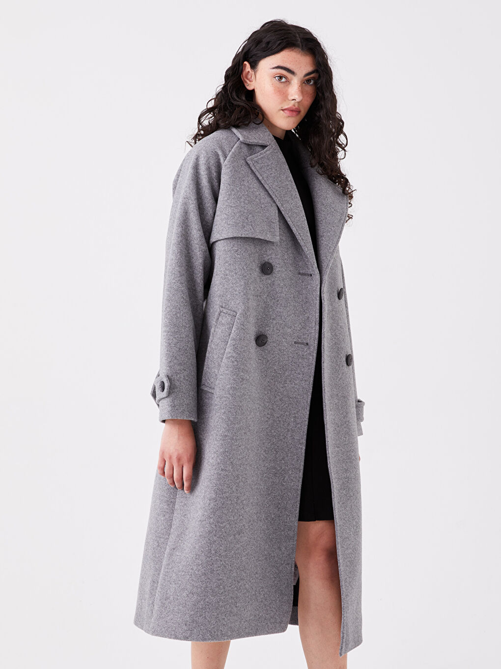 Women's Double Breasted Collar Plain Stitching Coat-3