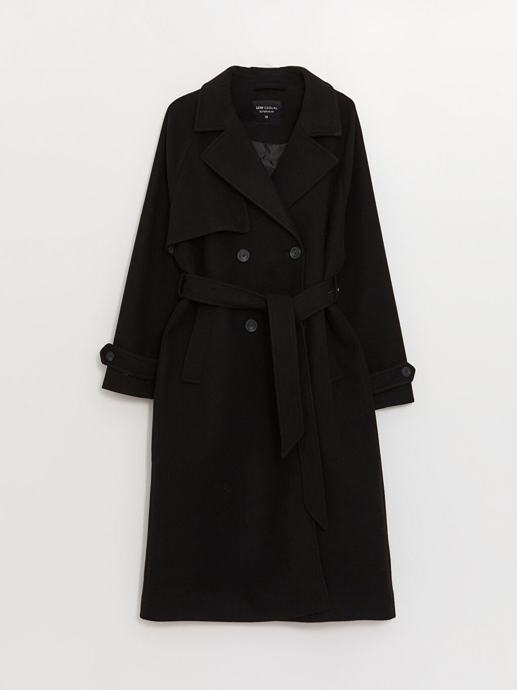 Siyah Kadın Kruvaze Yaka Düz Kaşe Kaban-6