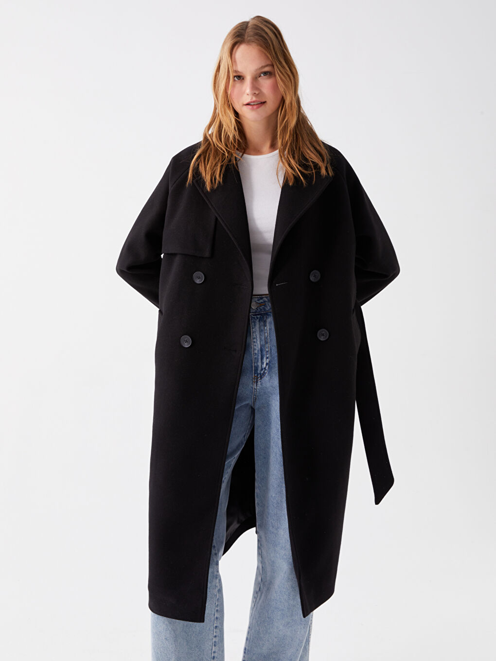 Siyah Kadın Kruvaze Yaka Düz Kaşe Kaban