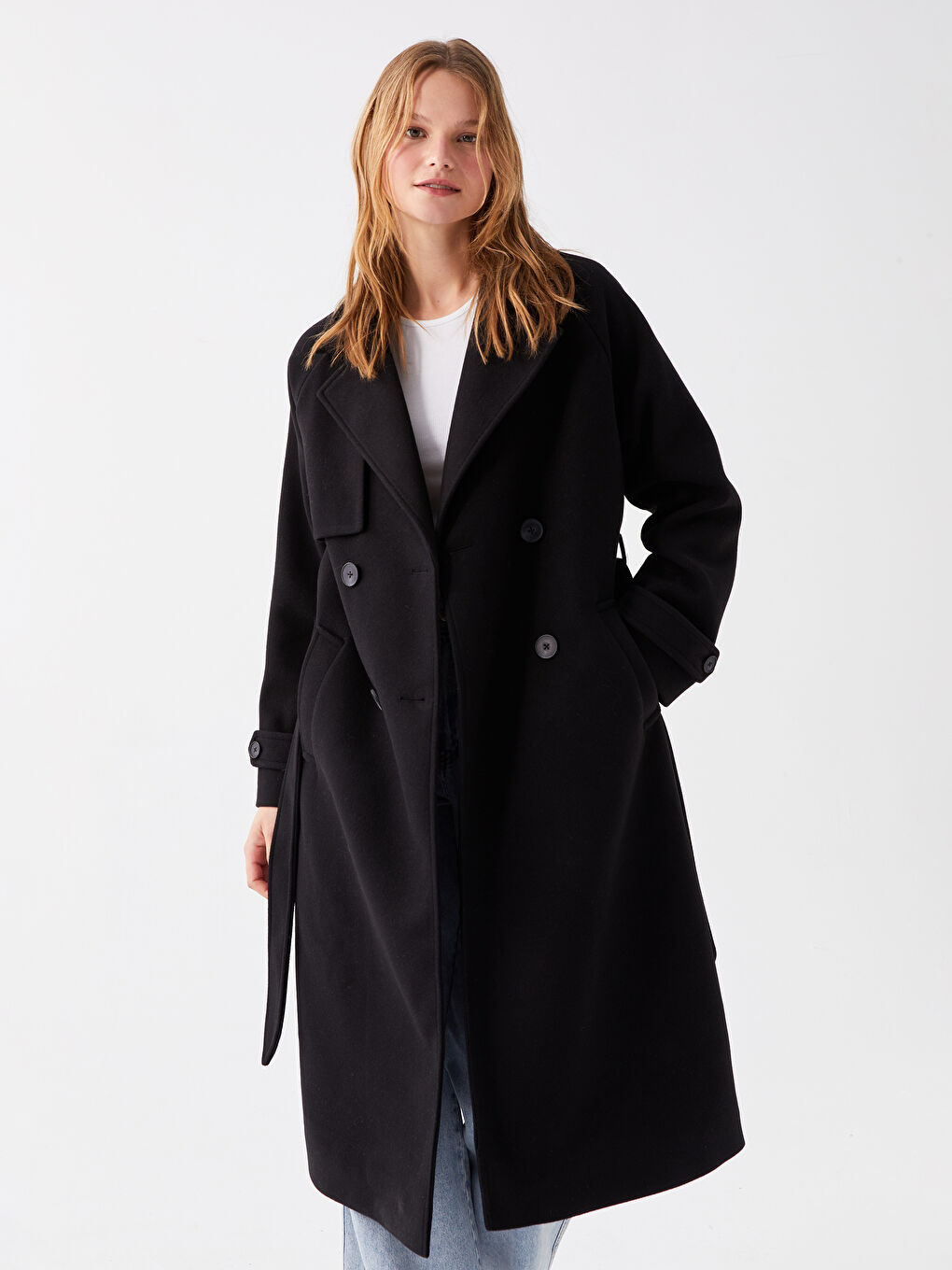 Siyah Kadın Kruvaze Yaka Düz Kaşe Kaban-2