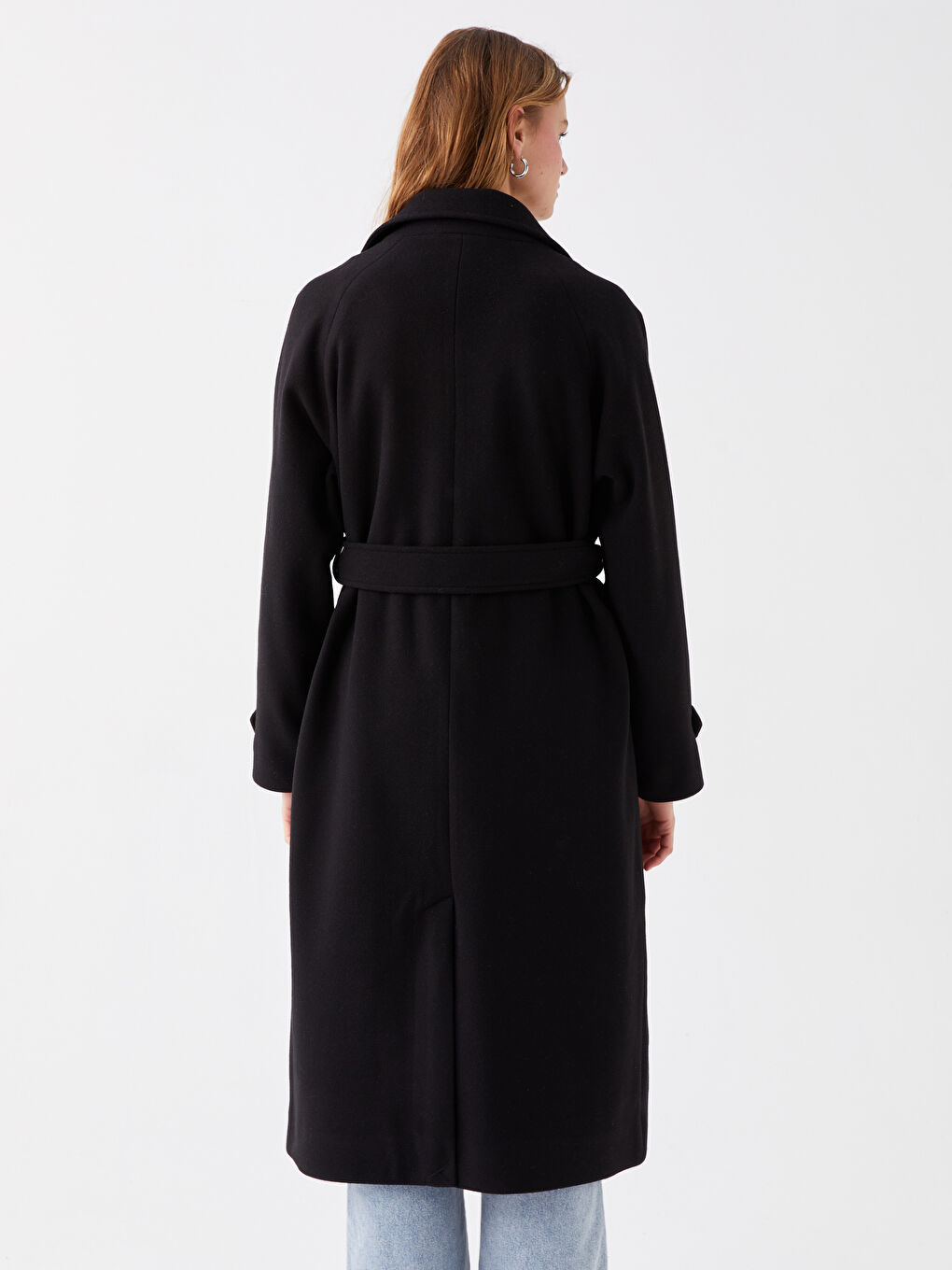 Siyah Kadın Kruvaze Yaka Düz Kaşe Kaban-5