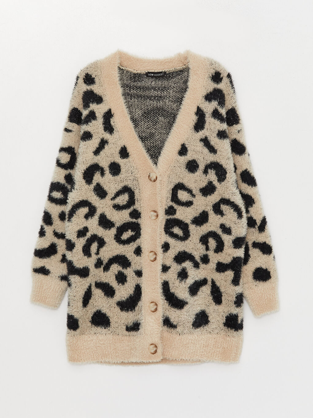 Bej V Yaka Desenli Uzun Kollu Kadın Pelüş Hırka-5