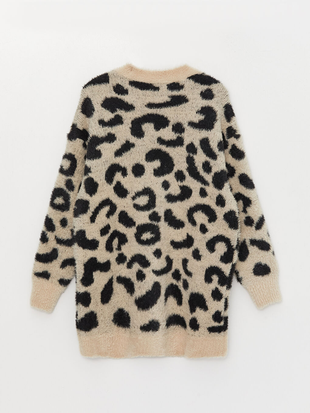 Bej V Yaka Desenli Uzun Kollu Kadın Pelüş Hırka-6