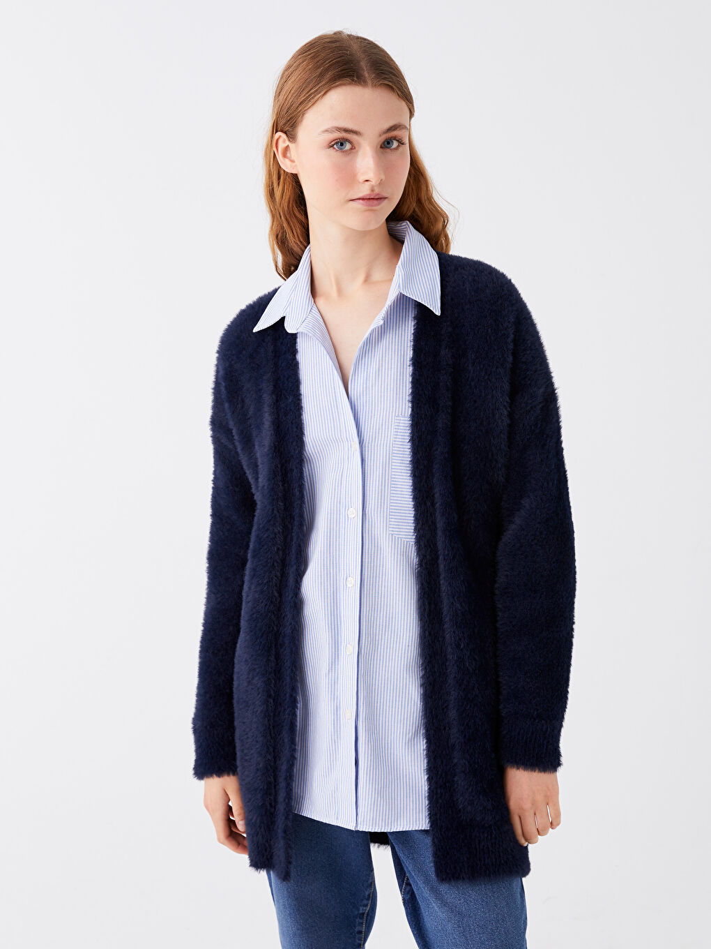 Lacivert Şal Yaka Düz Uzun Kollu Kadın Pelüş Hırka-1