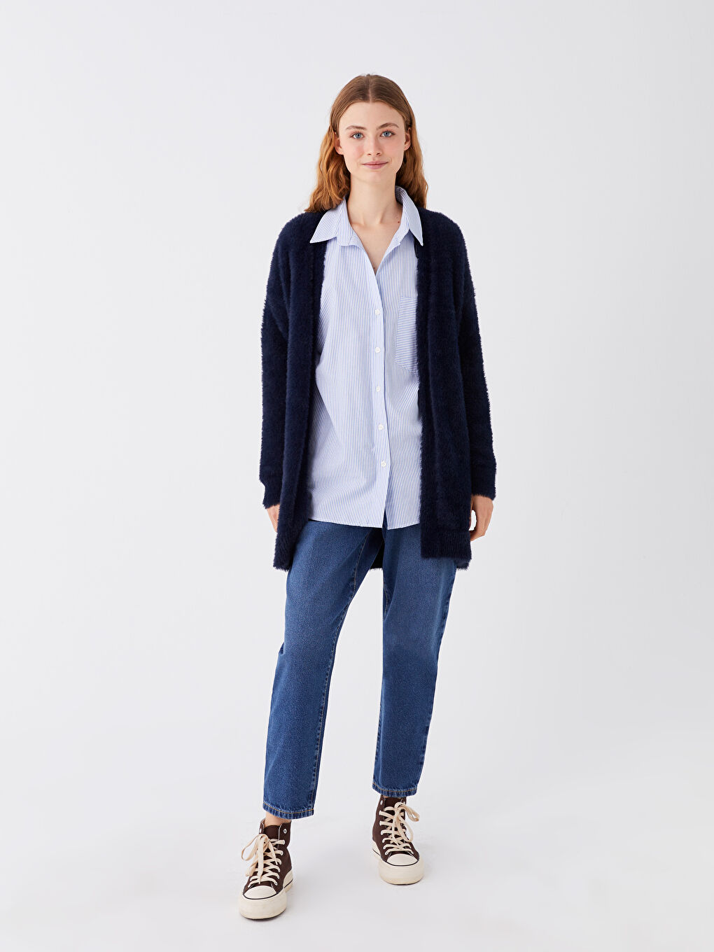 Lacivert Şal Yaka Düz Uzun Kollu Kadın Pelüş Hırka-2