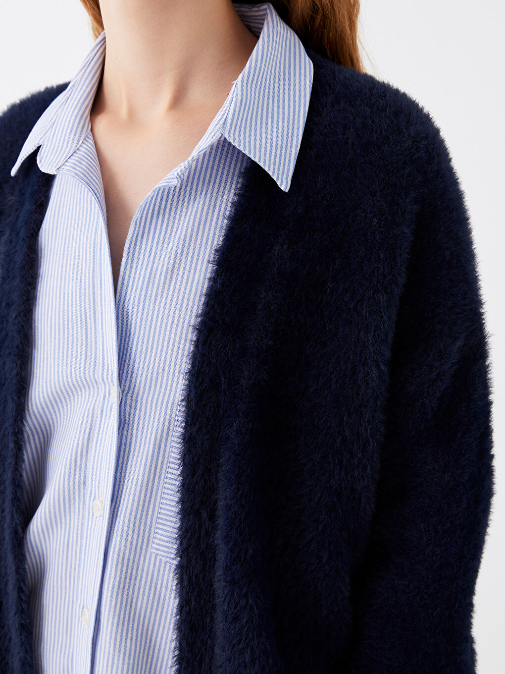 Lacivert Şal Yaka Düz Uzun Kollu Kadın Pelüş Hırka-3