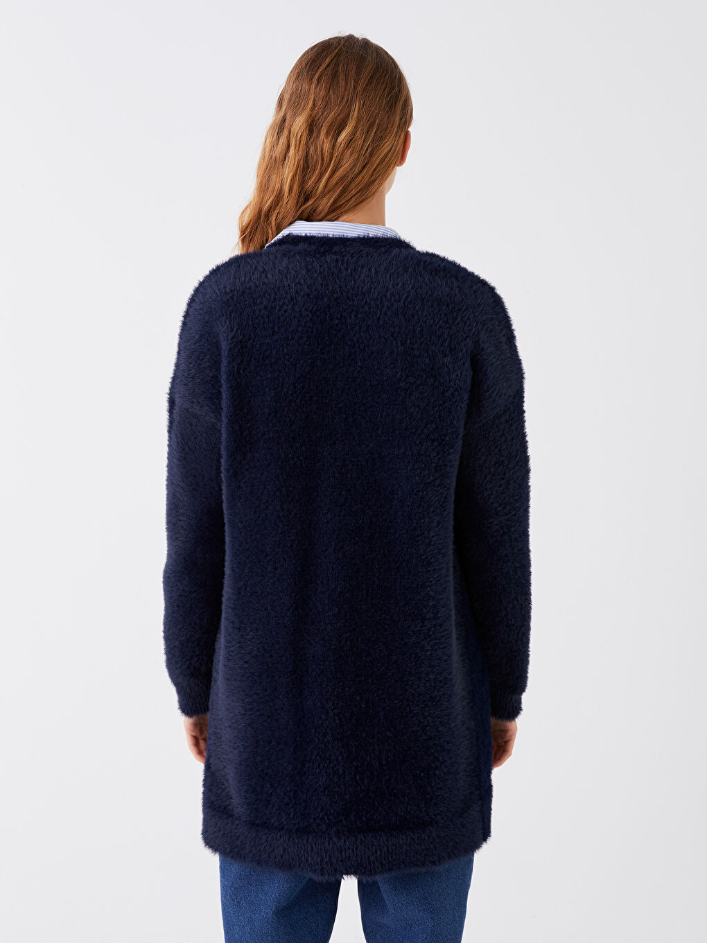 Lacivert Şal Yaka Düz Uzun Kollu Kadın Pelüş Hırka-4