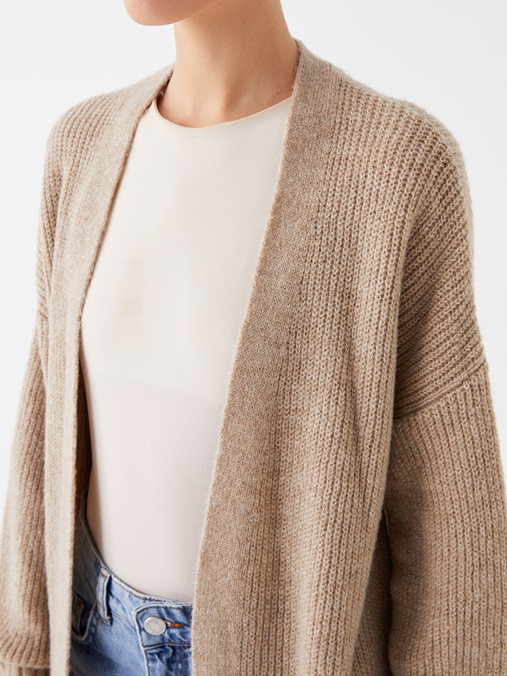 Bej Şal Yaka Düz Uzun Kollu Oversize Kadın Triko Hırka-2