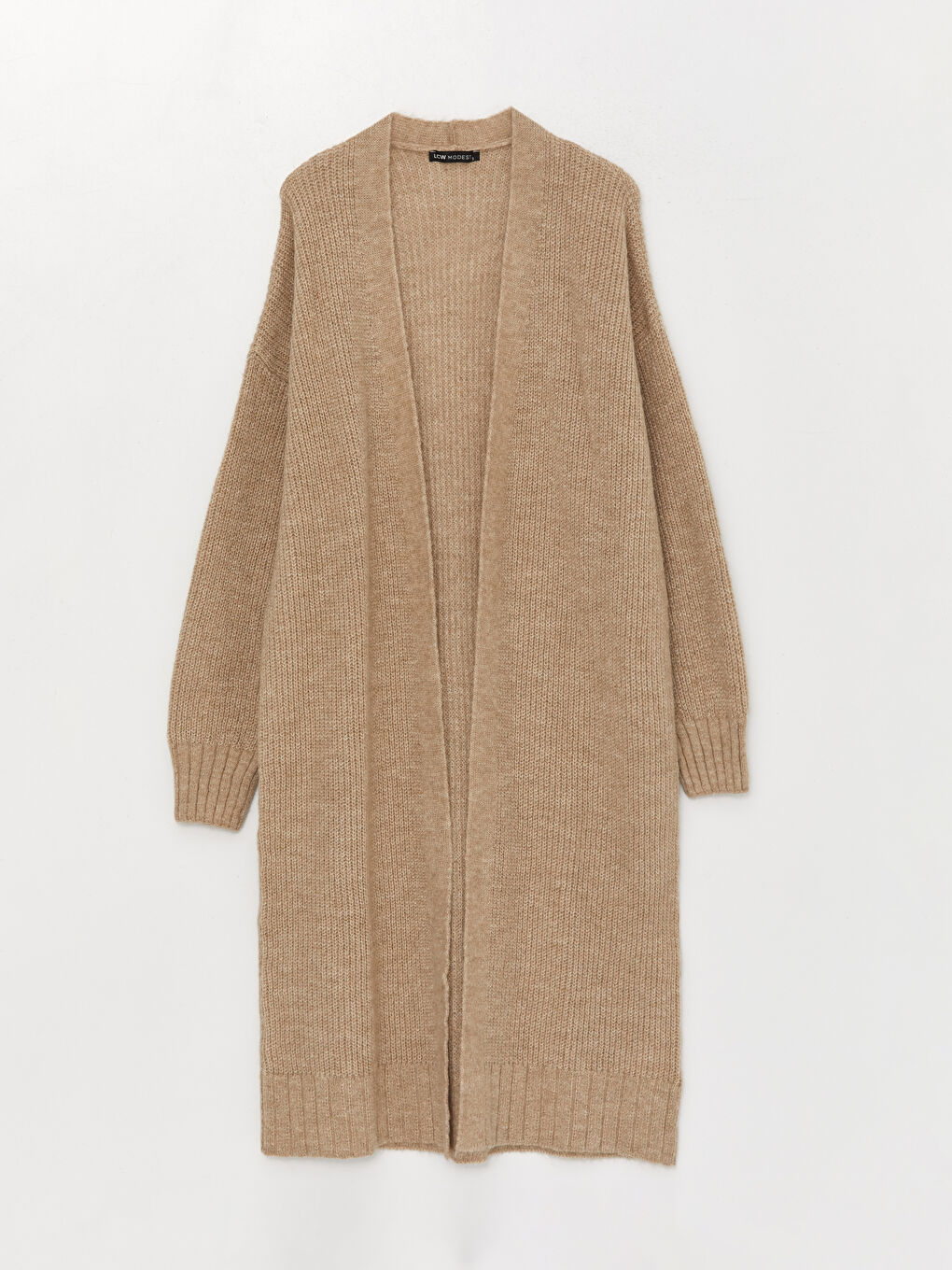 Bej Şal Yaka Düz Uzun Kollu Oversize Kadın Triko Hırka-4