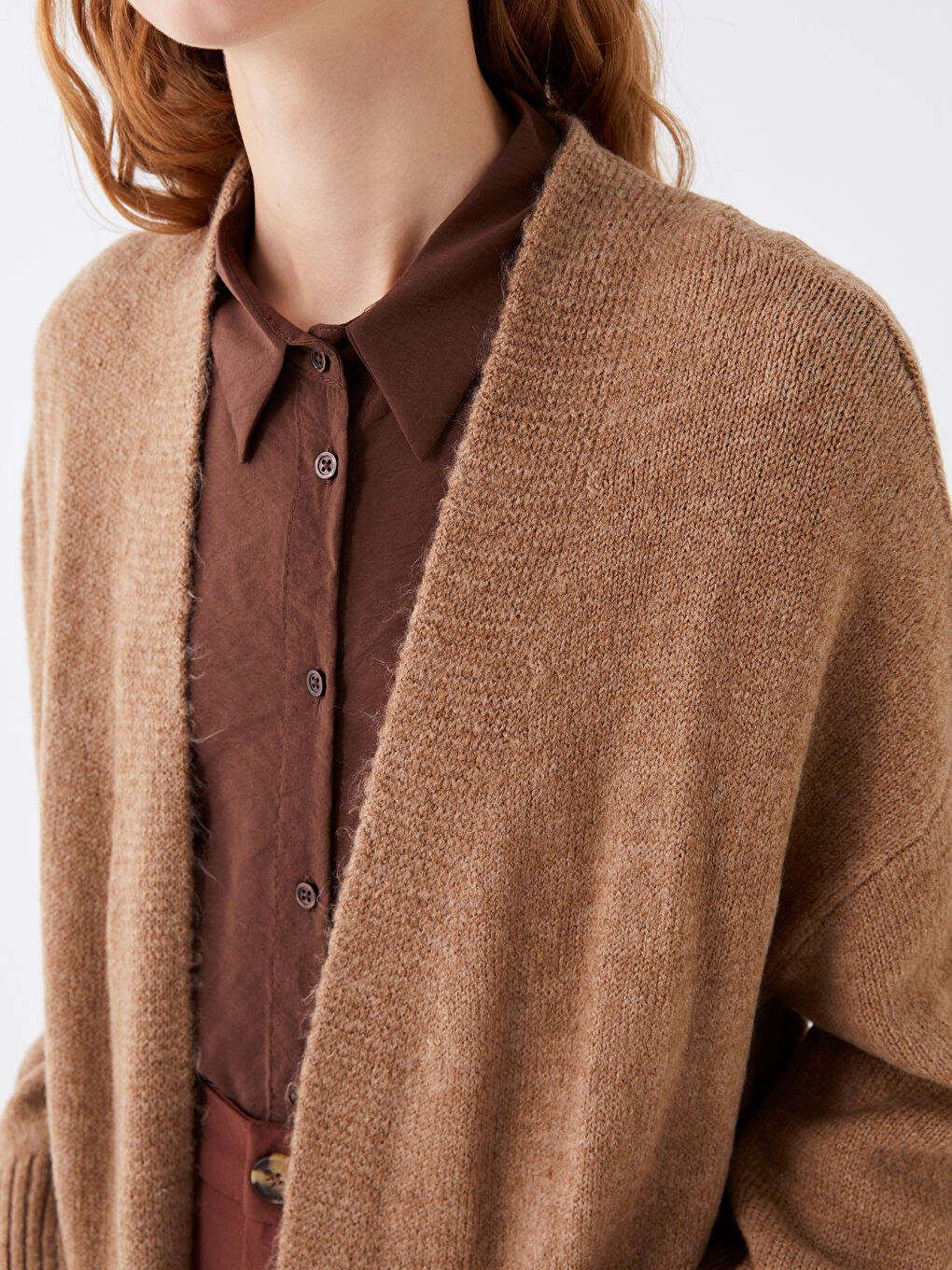 Kahverengi Şal Yaka Düz Uzun Kollu Kadın Triko Hırka-2