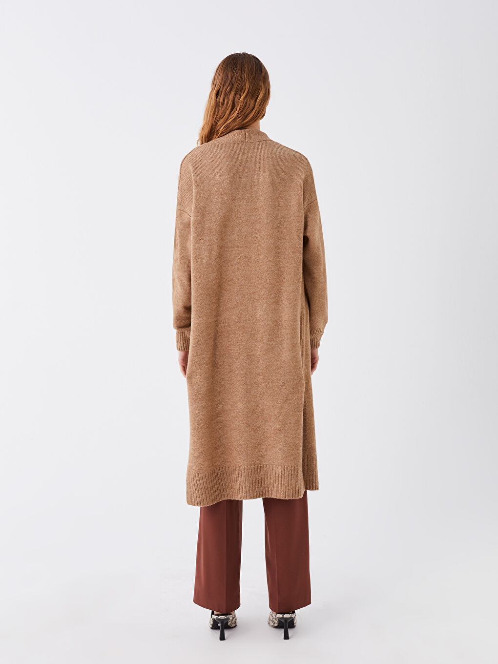 Kahverengi Şal Yaka Düz Uzun Kollu Kadın Triko Hırka-3