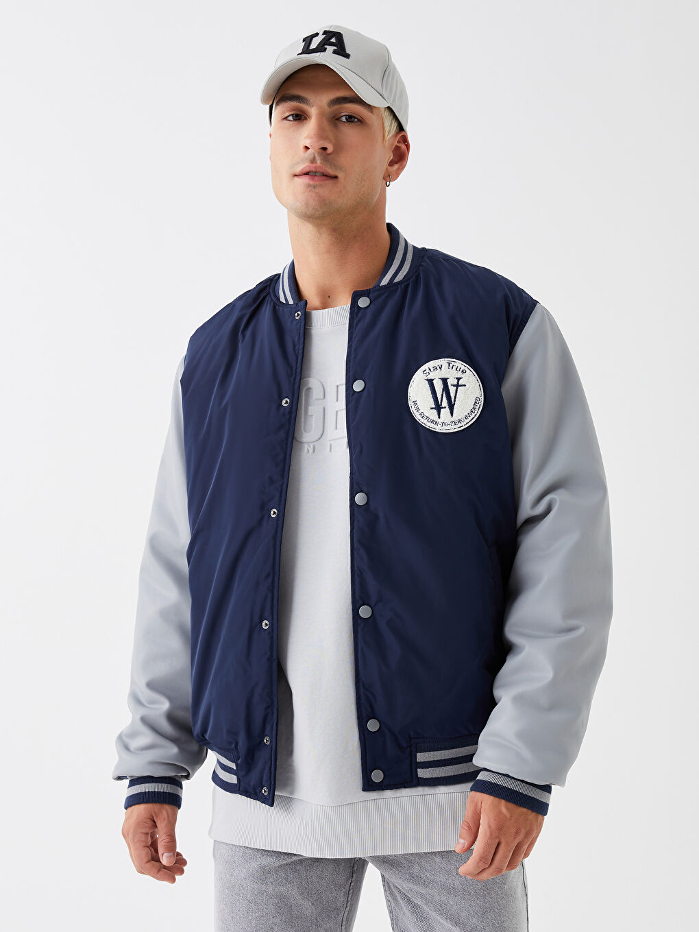 Lacivert Standart Kalıp Kolej Yaka Erkek Bomber Mont