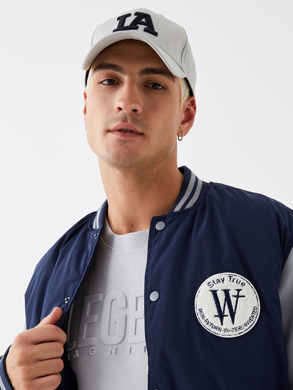 Lacivert Standart Kalıp Kolej Yaka Erkek Bomber Mont-1