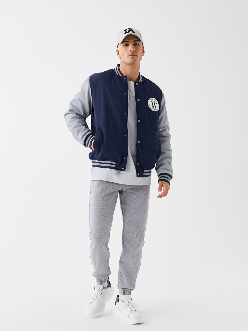 Lacivert Standart Kalıp Kolej Yaka Erkek Bomber Mont-2