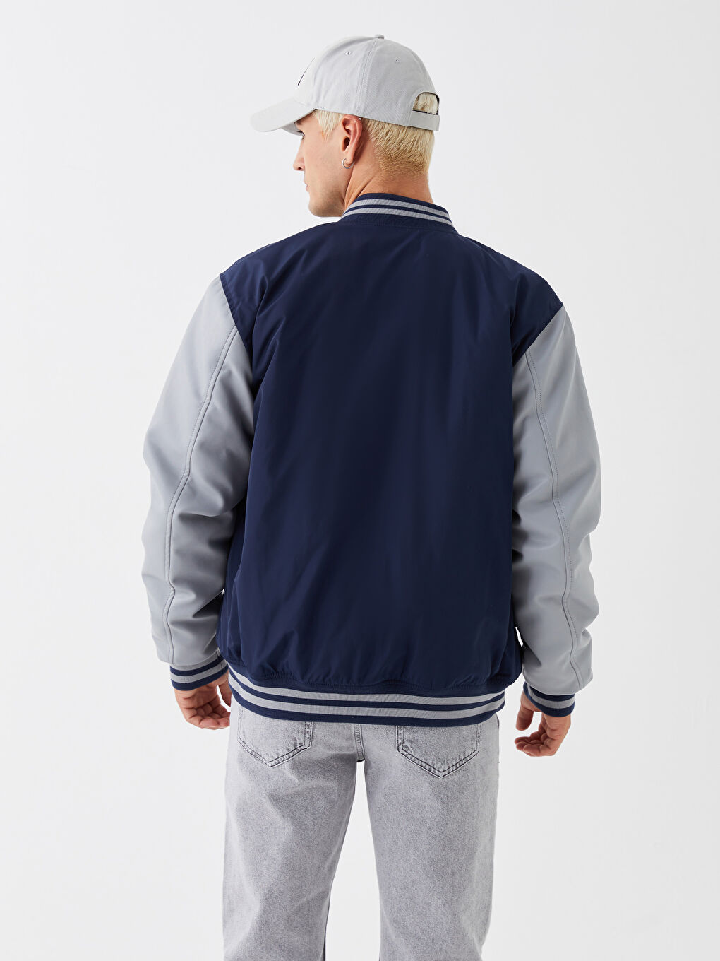 Lacivert Standart Kalıp Kolej Yaka Erkek Bomber Mont-5