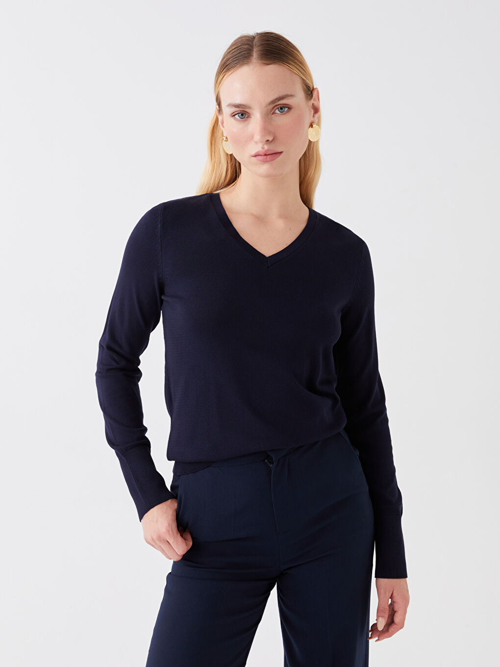 Lacivert V Yaka Düz Uzun Kollu Kadın Triko Kazak