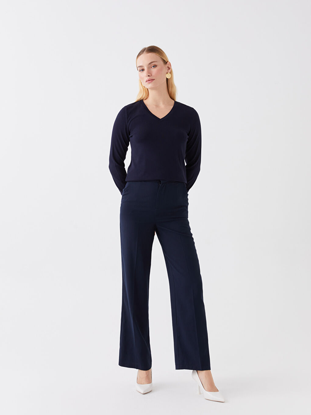 Lacivert V Yaka Düz Uzun Kollu Kadın Triko Kazak-1