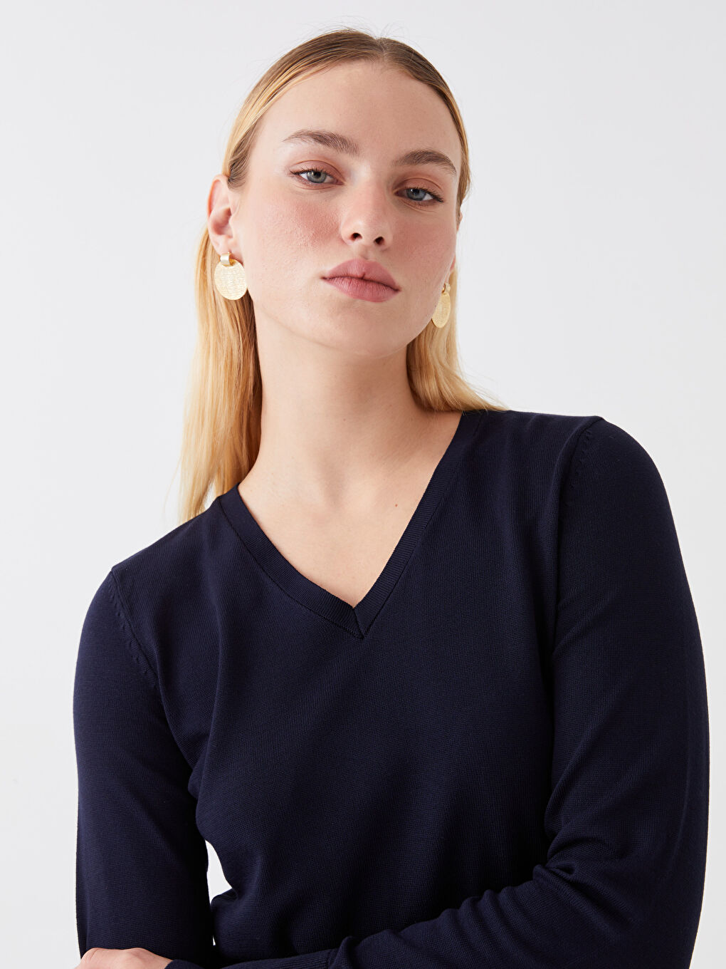 Lacivert V Yaka Düz Uzun Kollu Kadın Triko Kazak-2