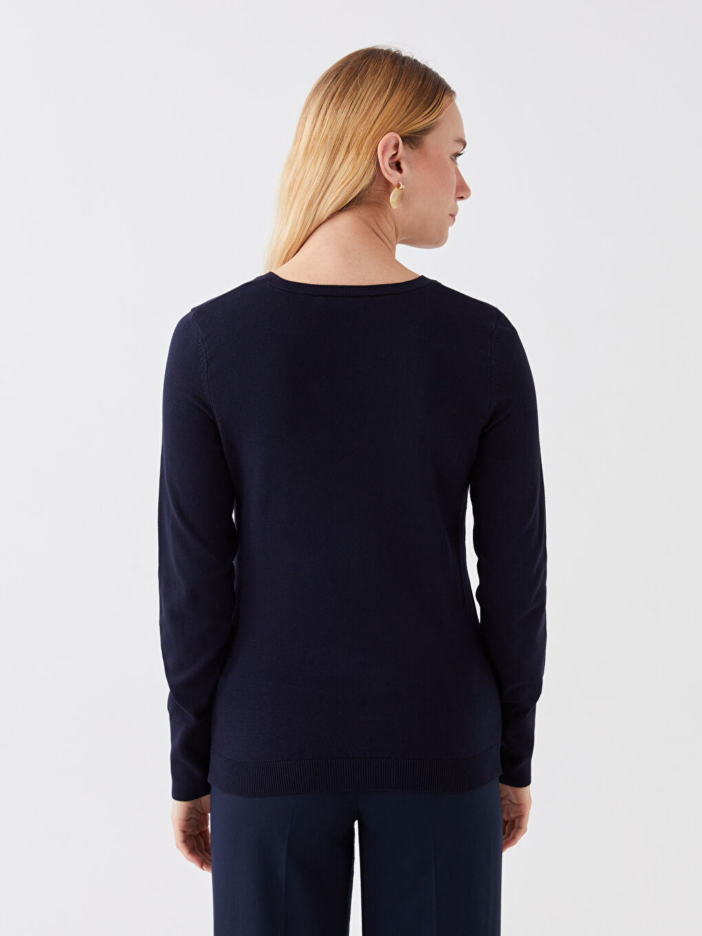 Lacivert V Yaka Düz Uzun Kollu Kadın Triko Kazak-4