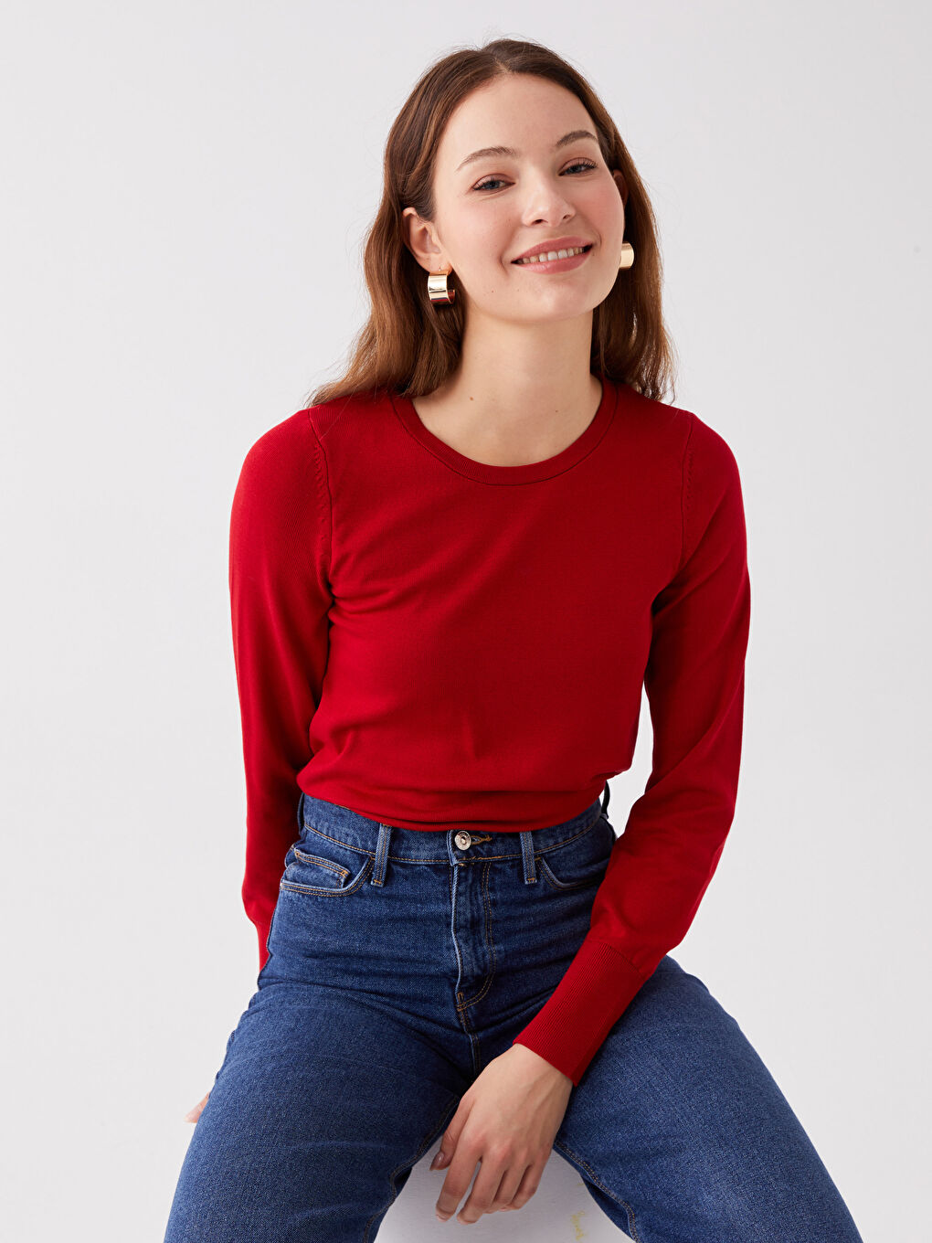 Kırmızı Bisiklet Yaka Düz Uzun Kollu Kadın Triko Kazak-1