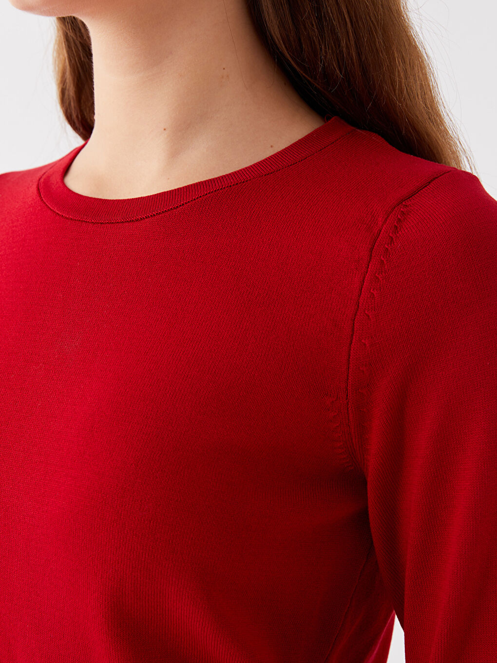Kırmızı Bisiklet Yaka Düz Uzun Kollu Kadın Triko Kazak-3