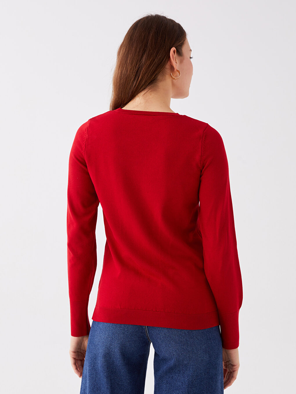 Kırmızı Bisiklet Yaka Düz Uzun Kollu Kadın Triko Kazak-4