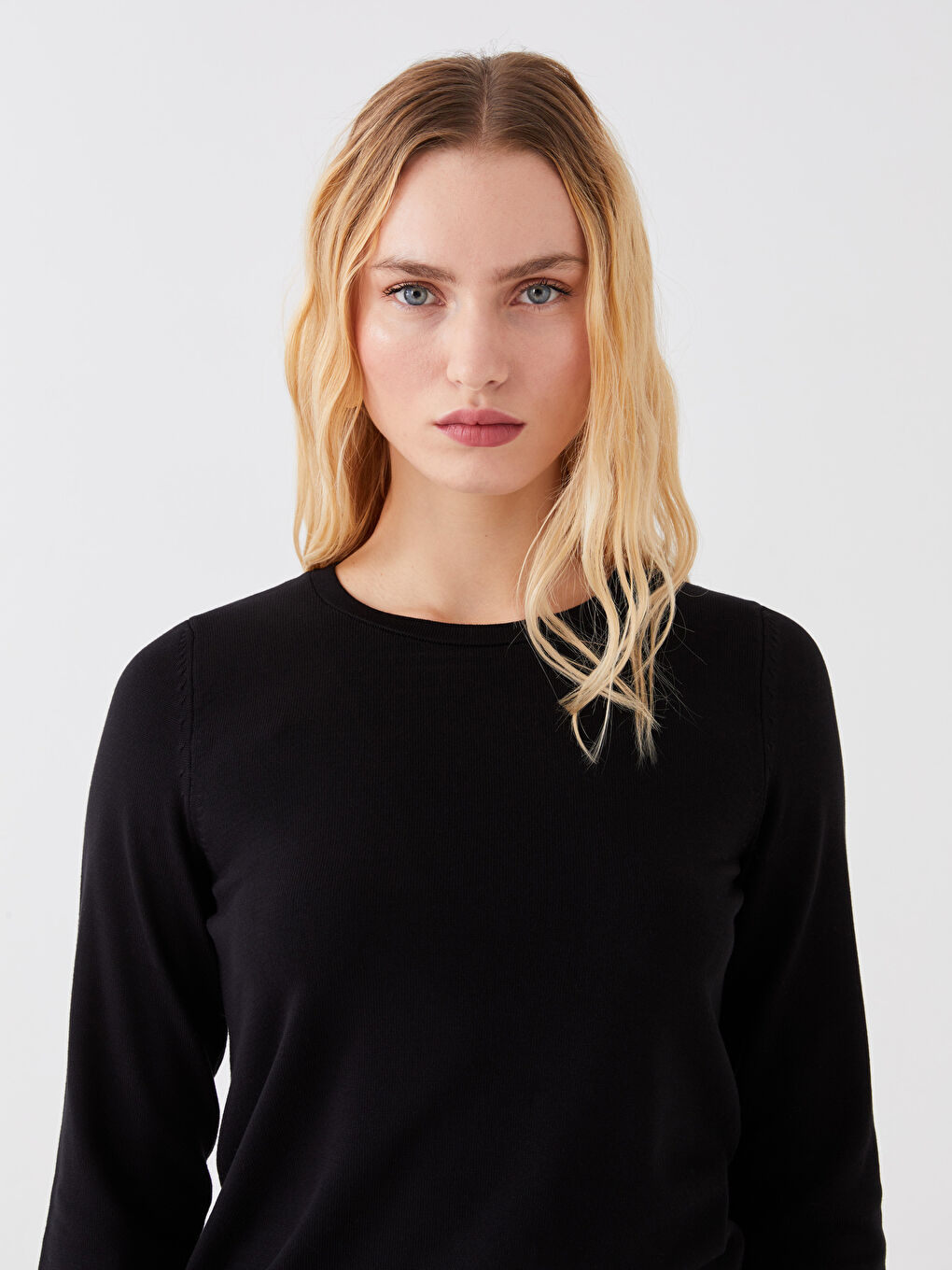 Siyah Bisiklet Yaka Düz Uzun Kollu Kadın Triko Kazak-2