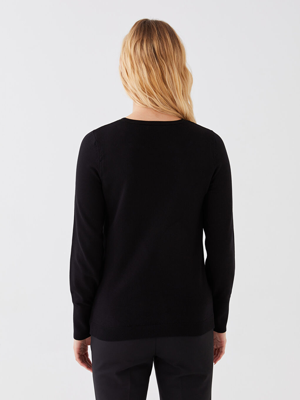 Siyah Bisiklet Yaka Düz Uzun Kollu Kadın Triko Kazak-4