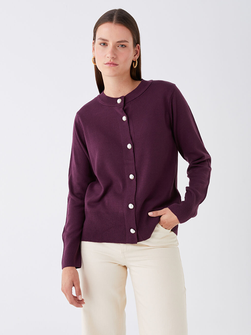 Mor Bisiklet Yaka Düz Uzun Kollu Kadın Triko Hırka