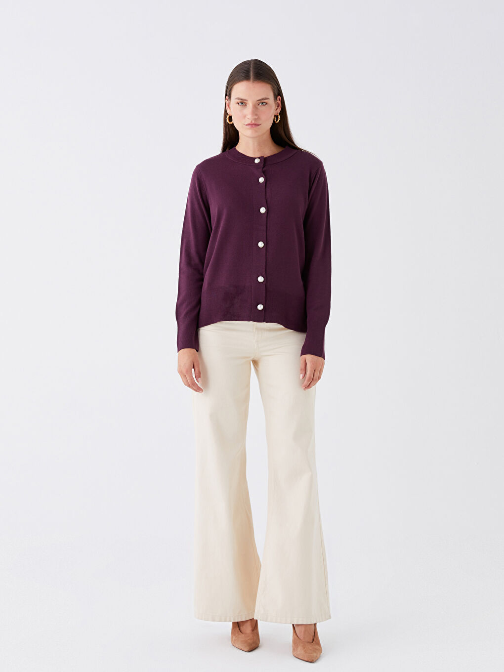 Mor Bisiklet Yaka Düz Uzun Kollu Kadın Triko Hırka-1