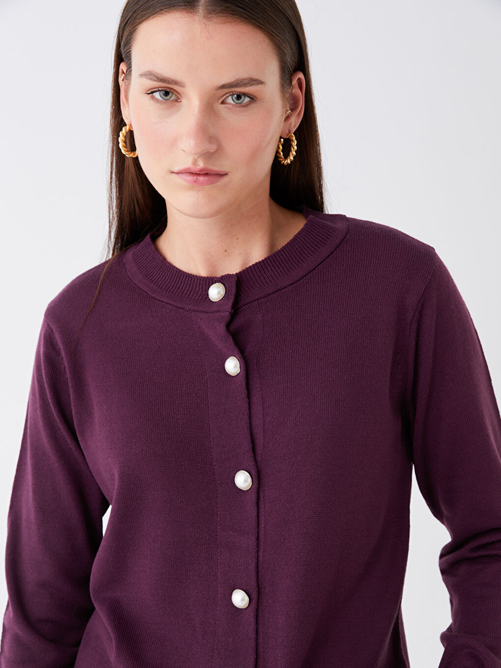 Mor Bisiklet Yaka Düz Uzun Kollu Kadın Triko Hırka-2