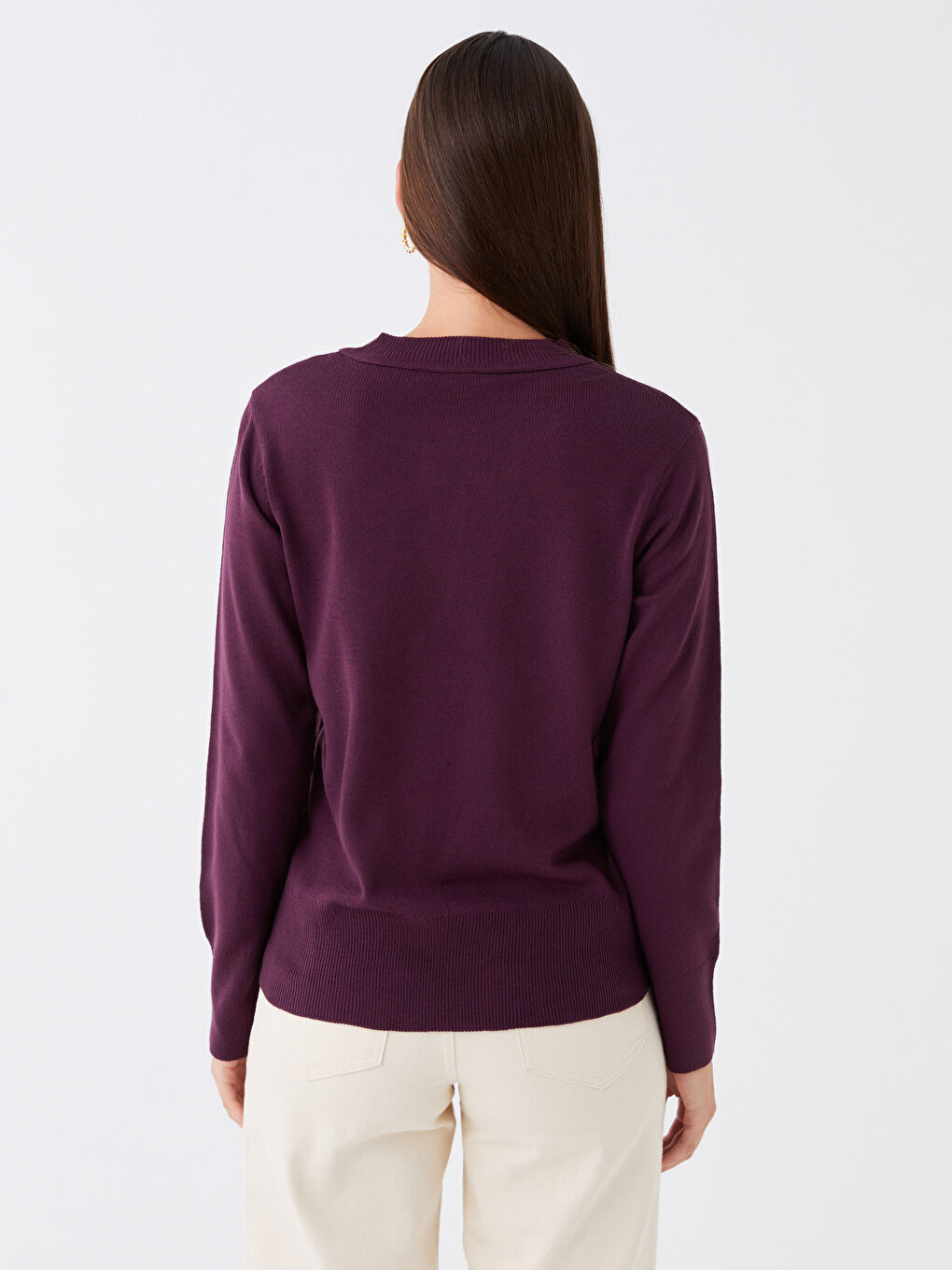 Mor Bisiklet Yaka Düz Uzun Kollu Kadın Triko Hırka-4