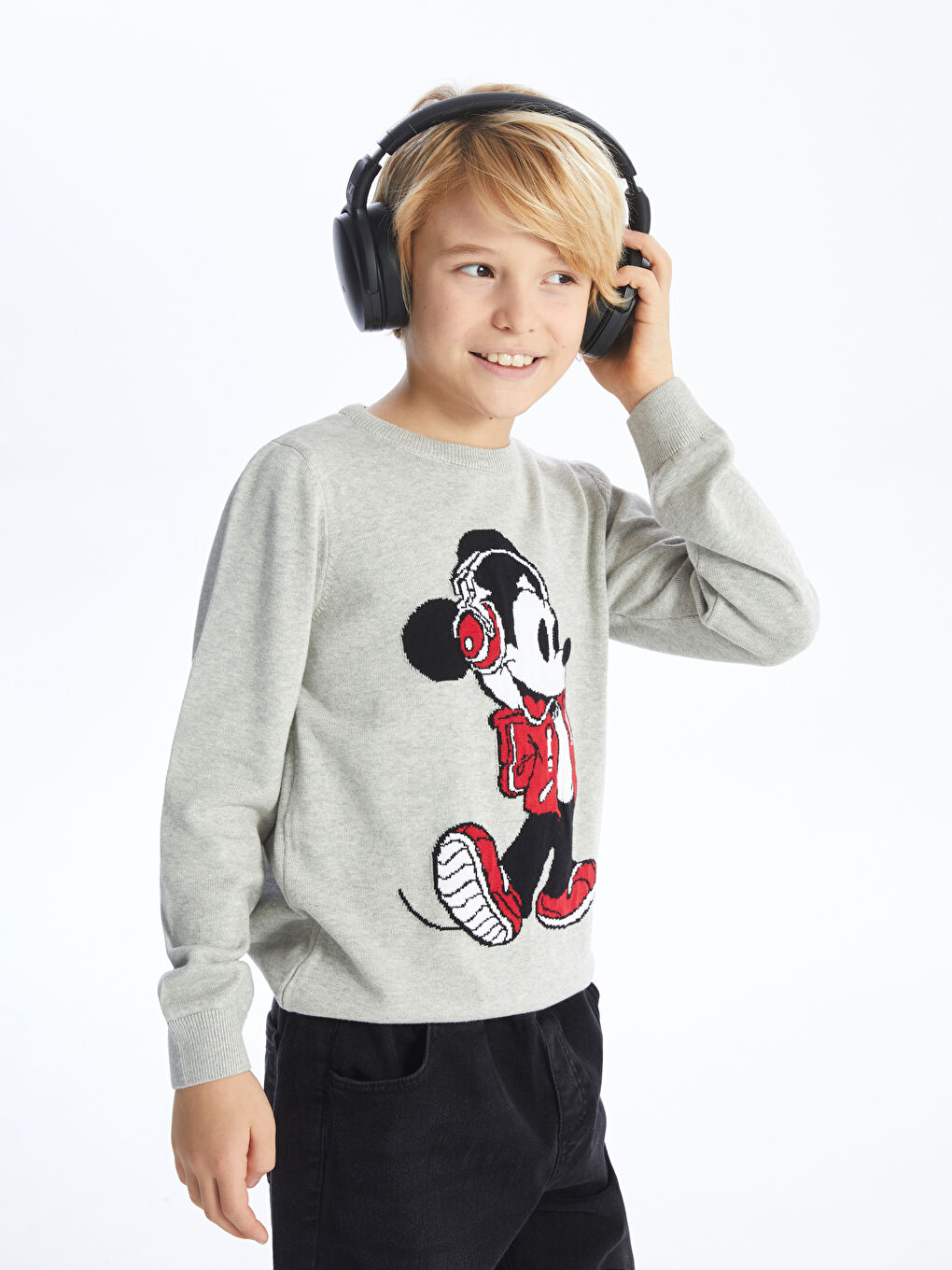 LCW Kids Gri Melanj Bisiklet Yaka Mickey Mouse Desenli Uzun Kollu Erkek Çocuk Triko Kazak