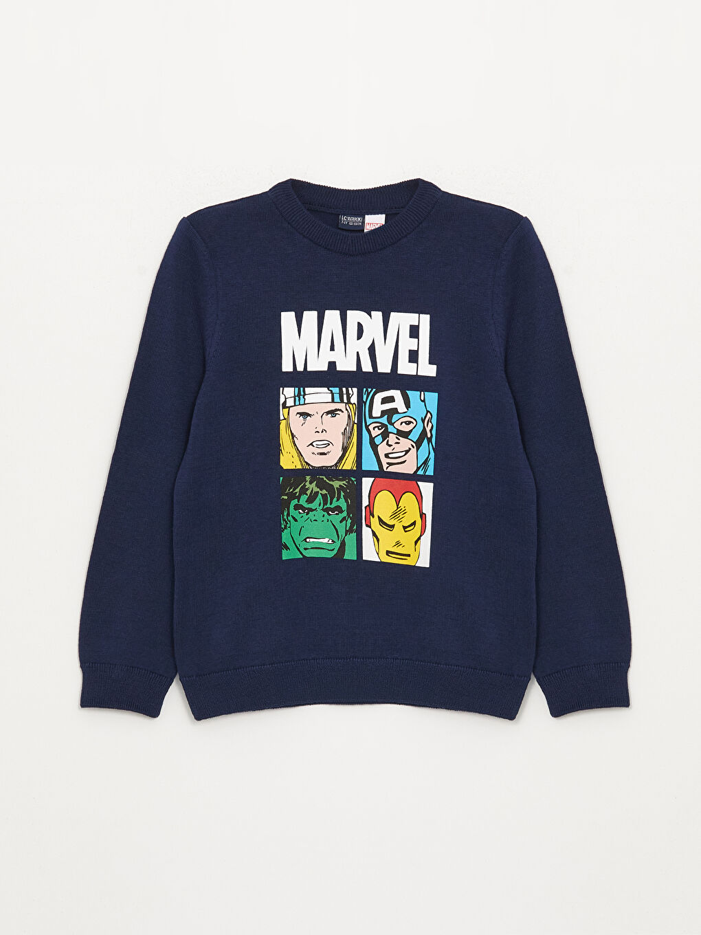 LCW Kids Lacivert Bisiklet Yaka Marvel Baskılı Uzun Kollu Erkek Çocuk Triko Kazak