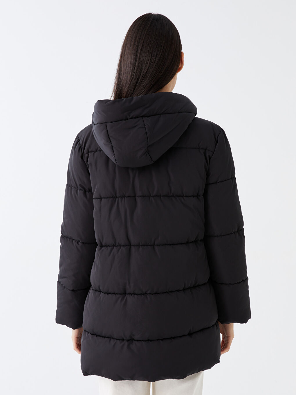 Siyah Kapüşonlu Düz Uzun Kollu Oversize Kadın Şişme Mont-6