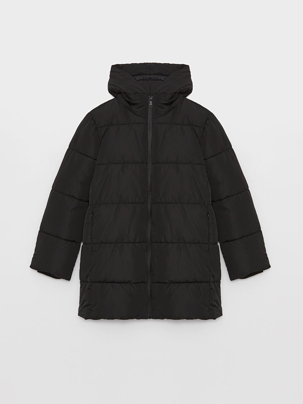 Siyah Kapüşonlu Düz Uzun Kollu Oversize Kadın Şişme Mont-7