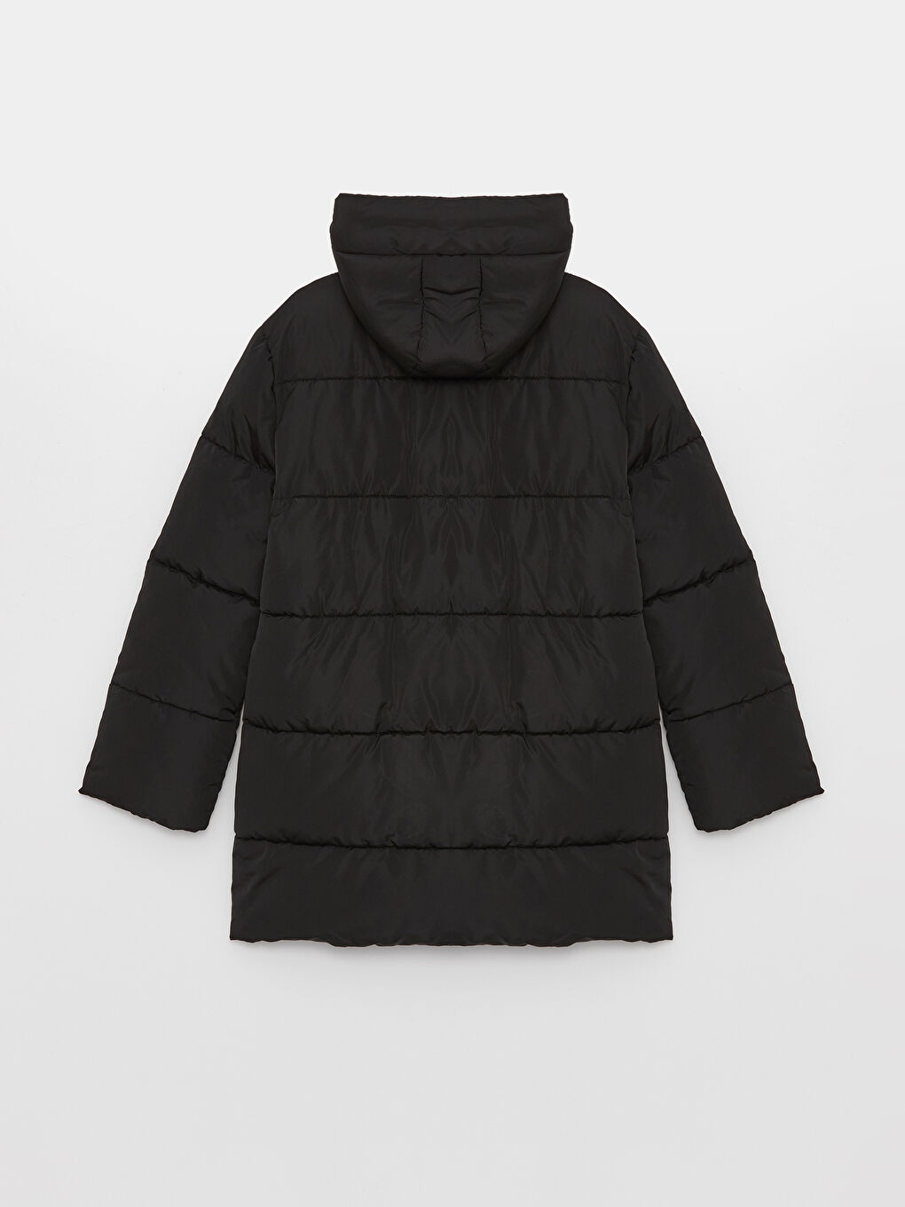 Siyah Kapüşonlu Düz Uzun Kollu Oversize Kadın Şişme Mont-8