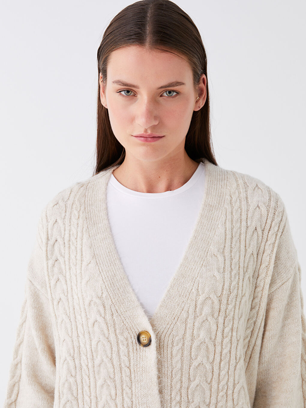 Bej V Yaka Kendinden Desenli Uzun Kollu Kadın Triko Hırka-2